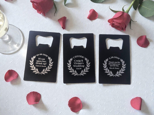 Personalized Wedding Favor Bottle Openers, Circular Laurel Design, Engraved Black Card Bottle Opener, Bulk Wedding Favors, Durable Steel