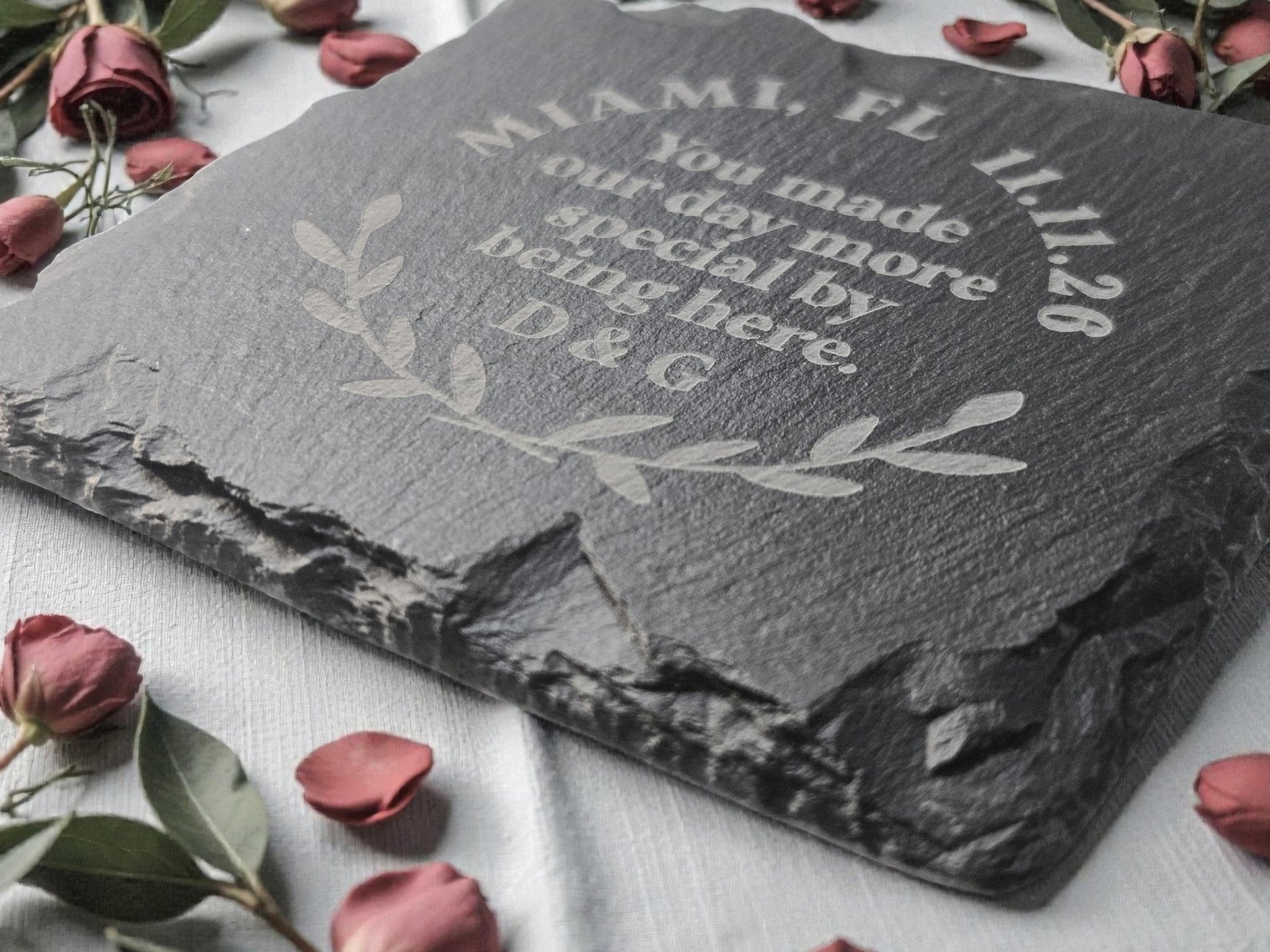 Personalized Wedding Favor Slate Coasters, Laurel Design, Bulk Wedding Favors, Custom Engraved Wedding Guest Favors, Round Or Square