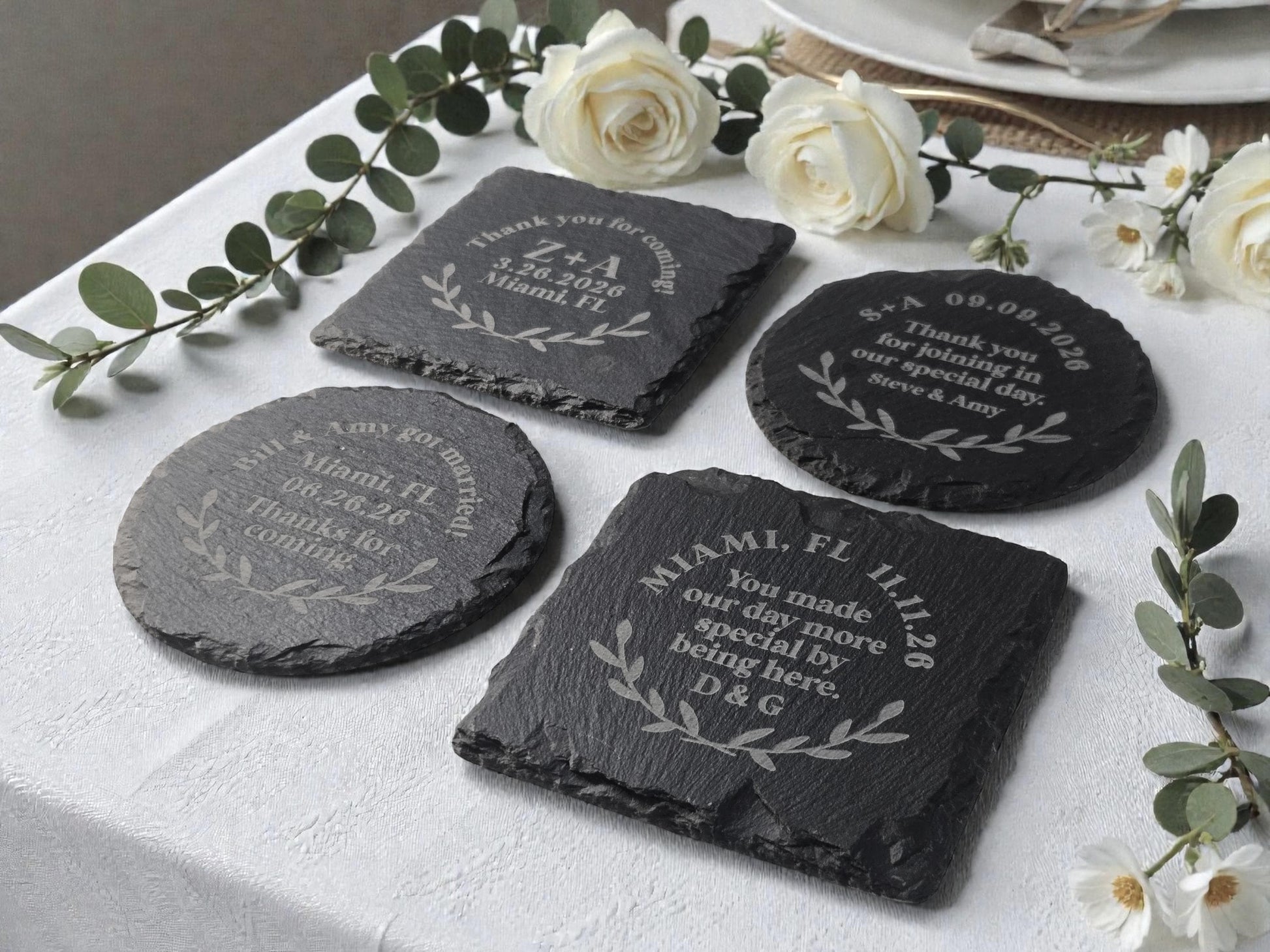 Personalized Wedding Favor Slate Coasters, Laurel Design, Bulk Wedding Favors, Custom Engraved Wedding Guest Favors, Round Or Square