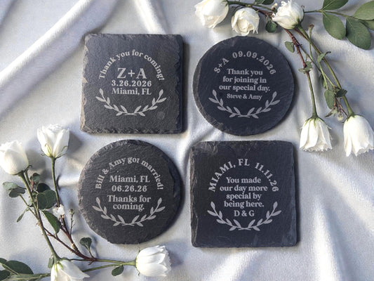 Personalized Wedding Favor Slate Coasters, Laurel Design, Bulk Wedding Favors, Custom Engraved Wedding Guest Favors, Round Or Square