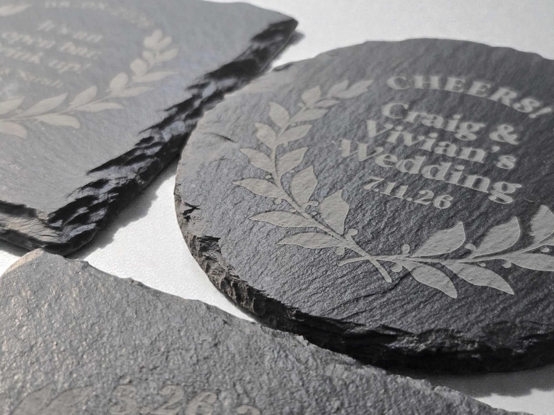 Personalized Wedding Favor Slate Coaster, Circular Laurel Design, Bulk Wedding Favors, Custom Engraved Wedding Guest Favors, Round Or Square