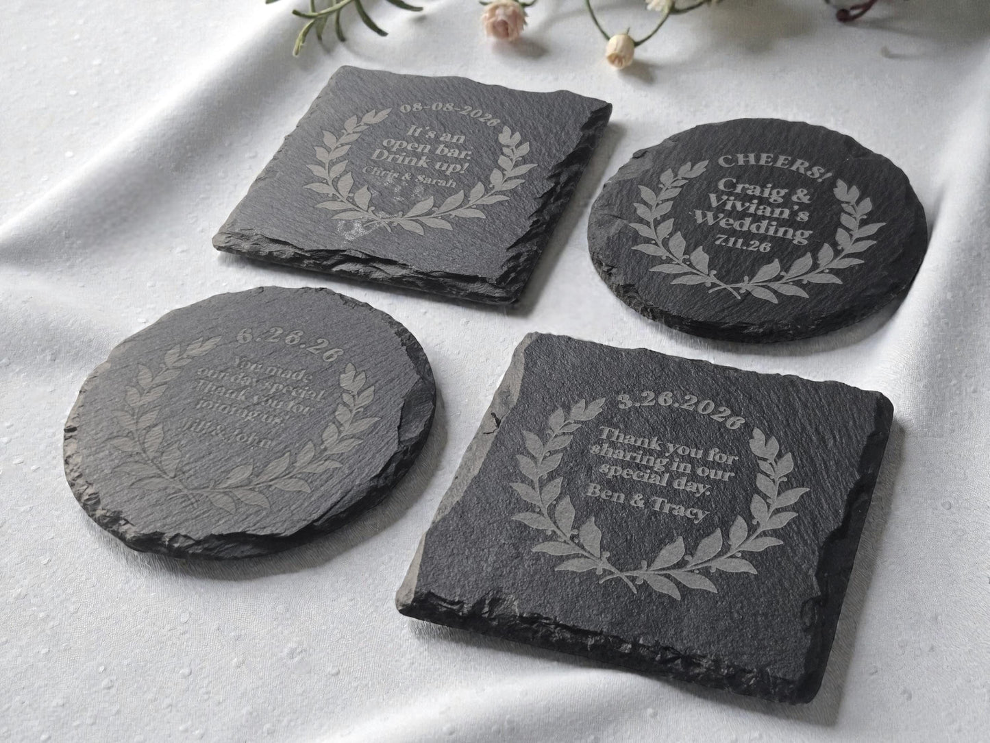 Personalized Wedding Favor Slate Coaster, Circular Laurel Design, Bulk Wedding Favors, Custom Engraved Wedding Guest Favors, Round Or Square