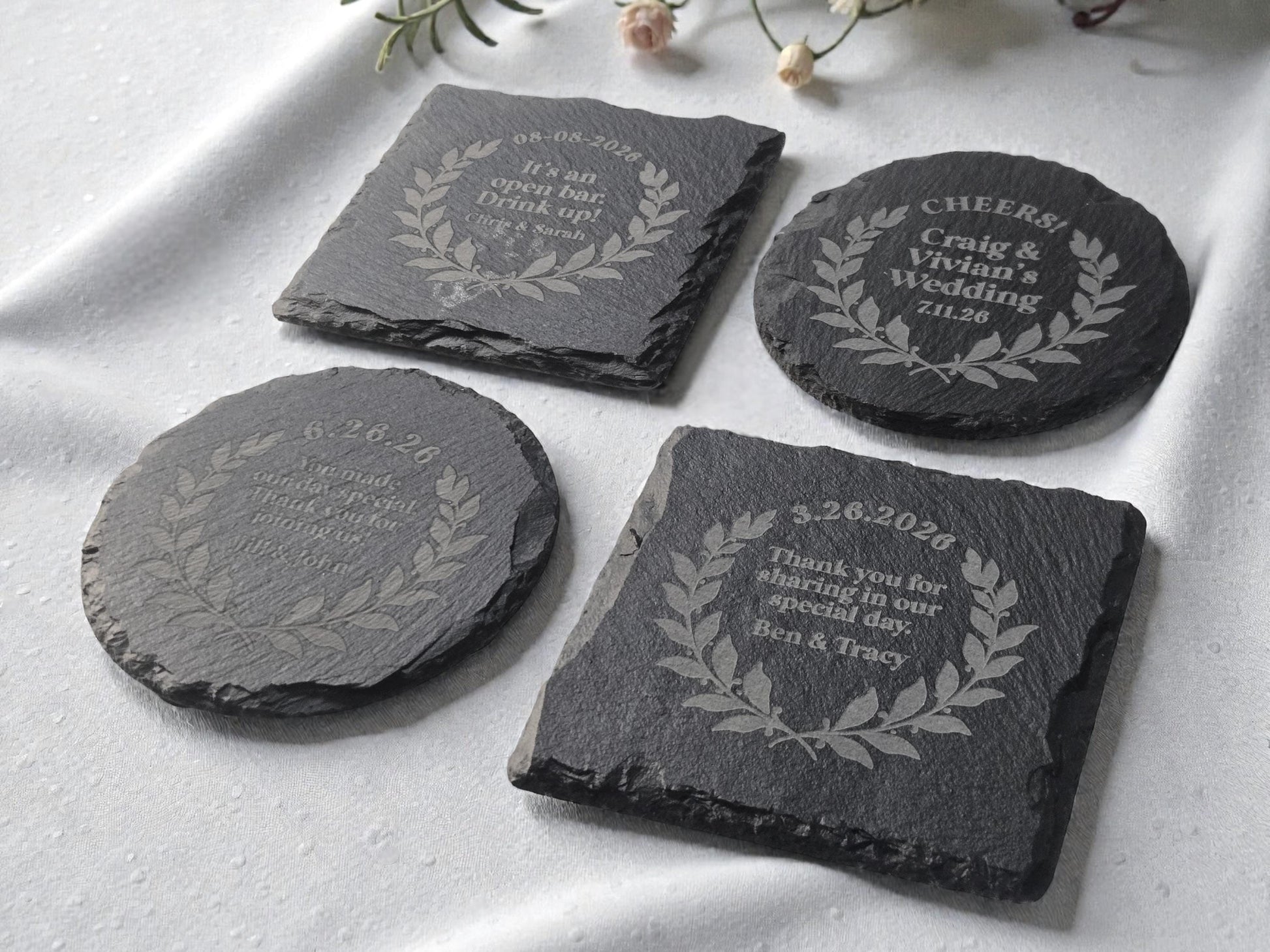 Personalized Wedding Favor Slate Coaster, Circular Laurel Design, Bulk Wedding Favors, Custom Engraved Wedding Guest Favors, Round Or Square