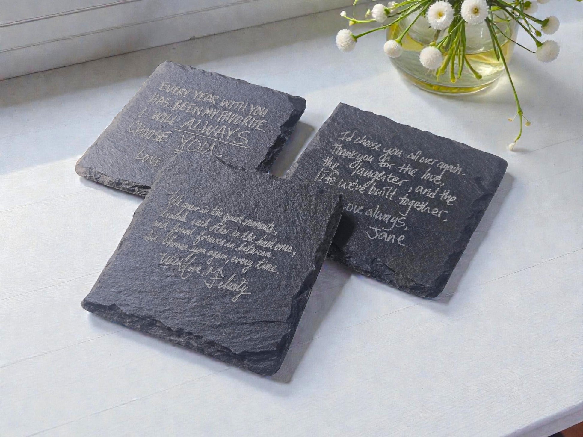 Anniversary Handwritten Love Note Gift, Writing Engraved Forever On A Slate Coaster, Custom Handwriting Keepsake, Romantic Anniversary Gifts