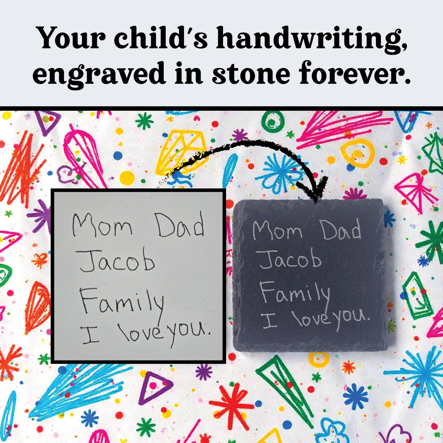 Child's Handwriting Keepsake, Engraved Slate Coaster, Custom Handwritten Gift For Parents