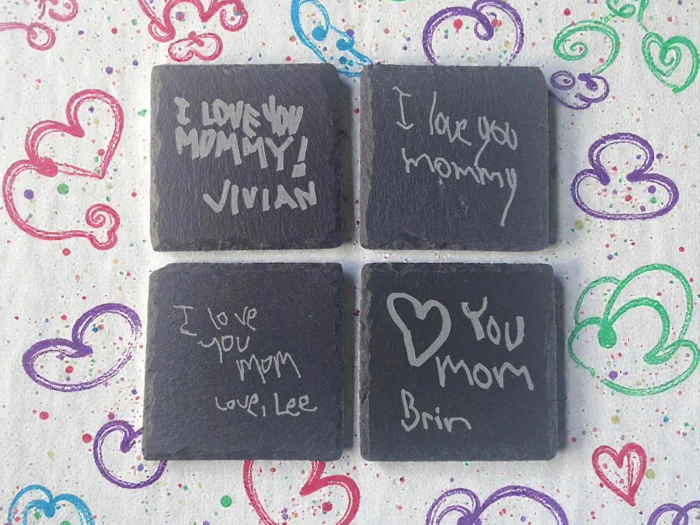 Child's "Love You Mom" Handwriting Gift, Engraved Slate Coaster, Custom Handwritten Keepsake For Mom, Mother's Day Gift From Kids