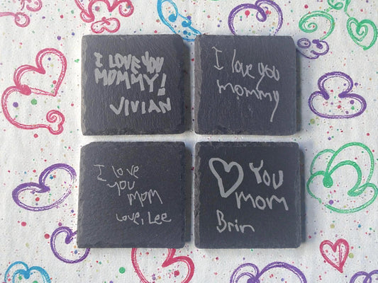 Child's "Love You Mom" Handwriting Gift, Engraved Slate Coaster, Custom Handwritten Keepsake For Mom, Mother's Day Gift From Kids