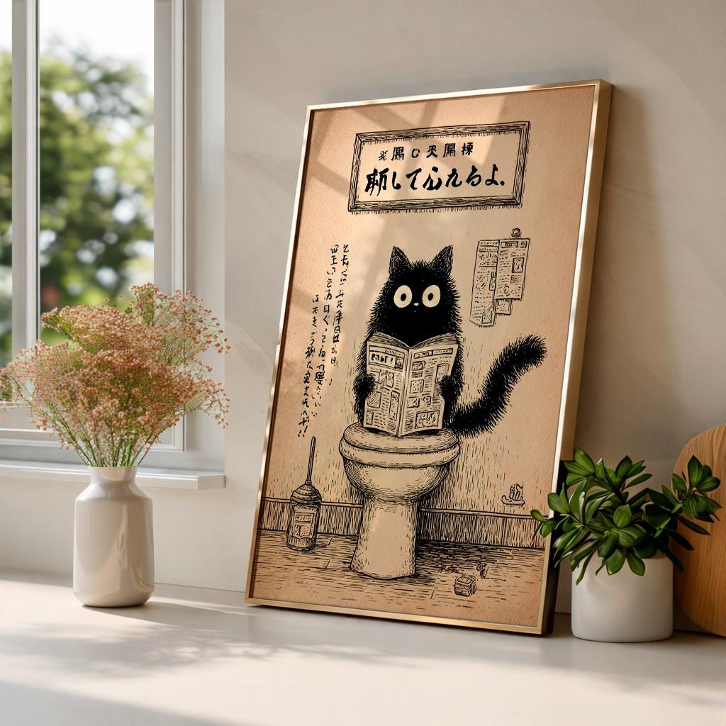 Japanese Black Cat on a toilet, Funny bathroom print, Toilet poster, Japan cat Pooping wall art, Neutral print, Unique Cat Lover Gift