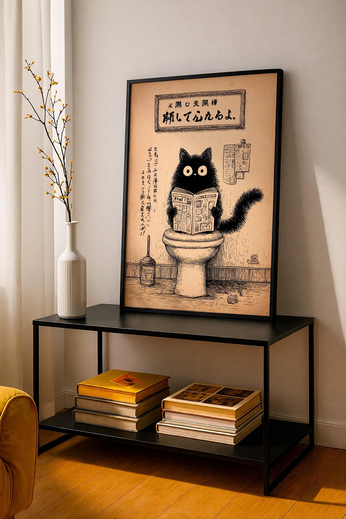 Japanese Black Cat on a toilet, Funny bathroom print, Toilet poster, Japan cat Pooping wall art, Neutral print, Unique Cat Lover Gift