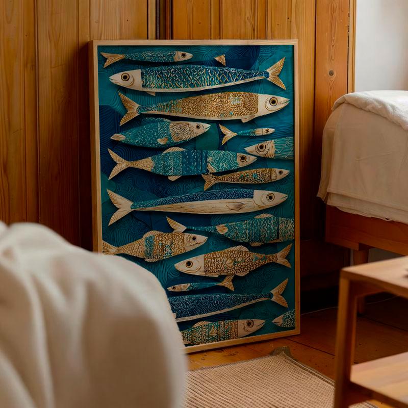 Blue Fish Wall Art, Nautical Kitchen Poster, Coastal Fish Print, Scandinavian Marine Decor, Deep Blue Linocut Artwork
