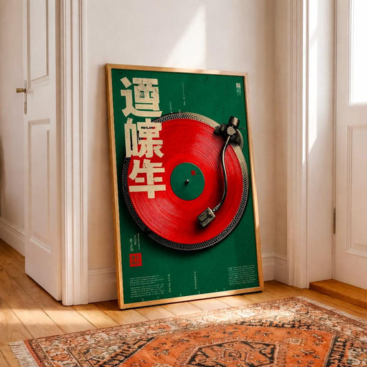 Japanese Retro Vinyl Record Wall Art, Vintage Turntable Music Poster, DJ Decor, Asian Aesthetic Print, Music Lover Gift