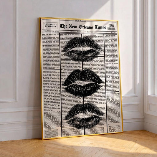 Black Kiss Lips Newspaper Poster, Retro Aesthetic Print, Vintage Black And White Wall Art, Canvas Wall Hanging, Girly Wall Decor, Trendy