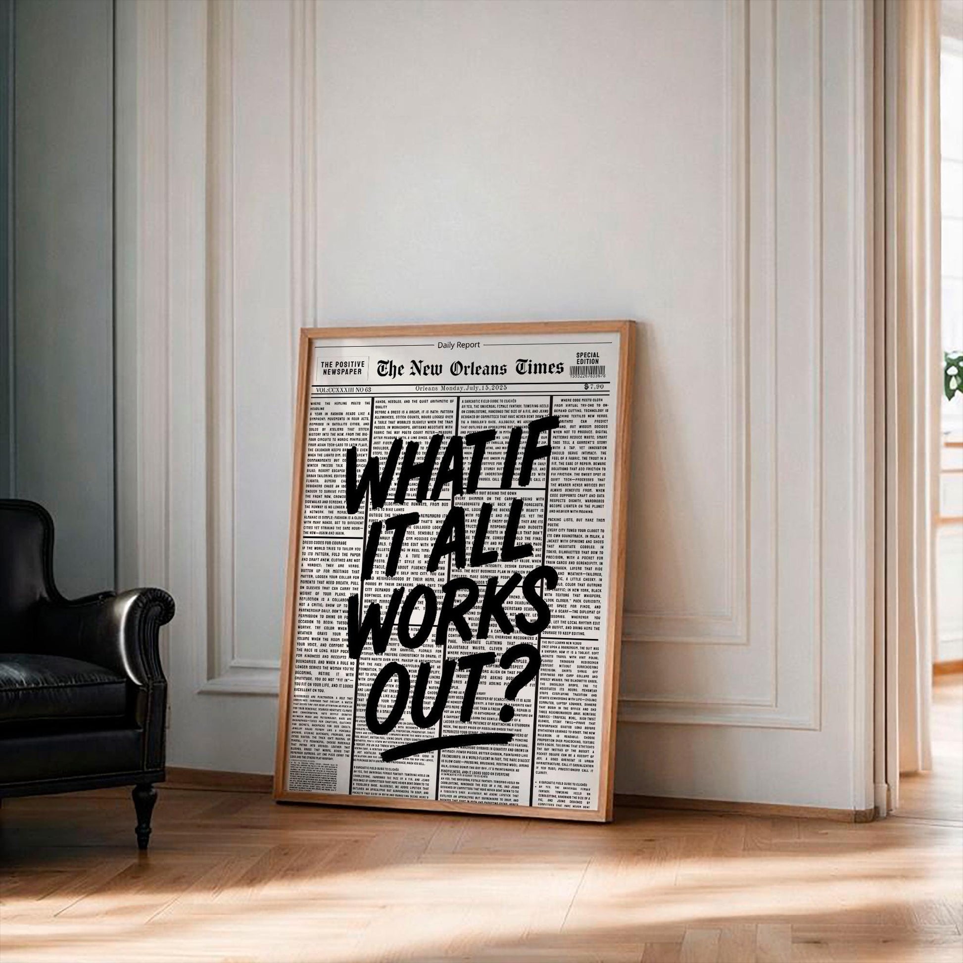 Retro What If It All Works Out newspaper print, bold typography poster, trendy motivational wall art, inspirational home decor