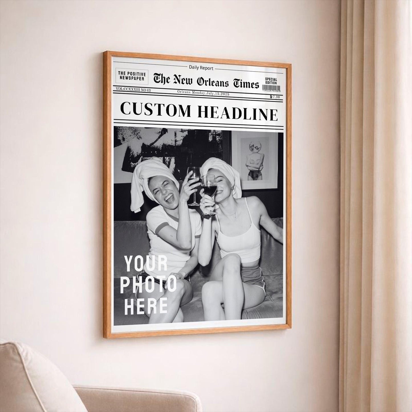 Personalized Newspaper Print, Custom Photo Wall Art, Retro Wall Decor, Feminine Dorm Room Aesthetic, Personalized Gift