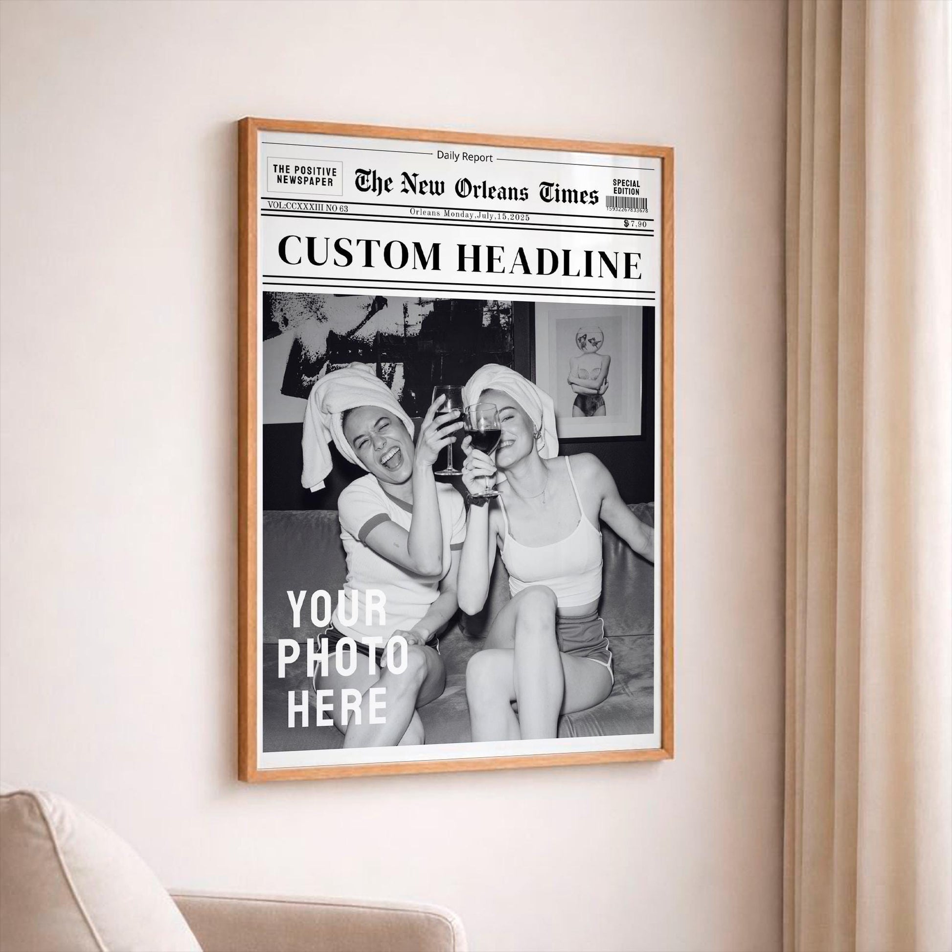 Personalized Newspaper Print, Custom Photo Wall Art, Retro Wall Decor, Feminine Dorm Room Aesthetic, Personalized Gift