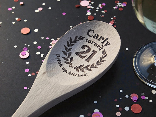 21st Birthday Party Favors, Custom Engraved 12-Inch Beechwood Mixing Spoon, Bulk Birth Day Keepsakes, Personalized Party Gifts