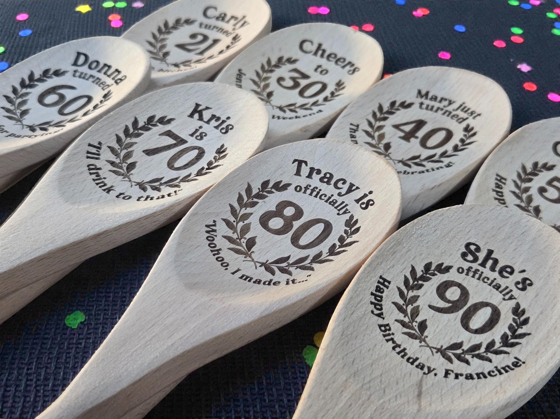50th Birthday Party Favors, Custom Engraved 12-Inch Beechwood Mixing Spoon, Bulk Birth Day Keepsakes, Personalized Party Gifts