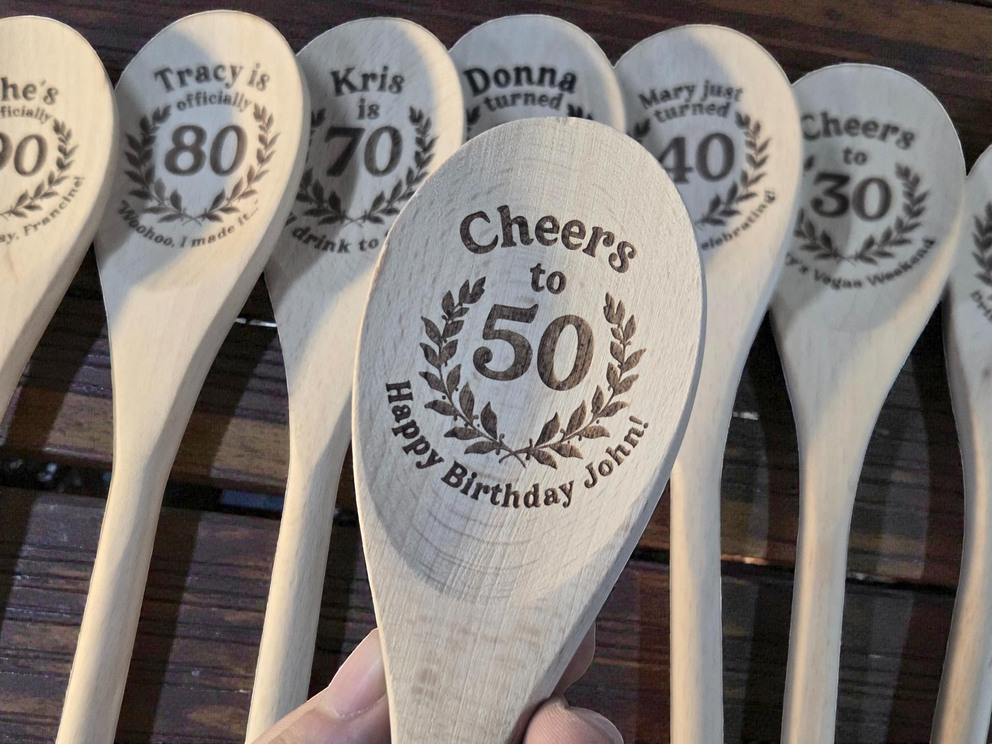 50th Birthday Party Favors, Custom Engraved 12-Inch Beechwood Mixing Spoon, Bulk Birth Day Keepsakes, Personalized Party Gifts