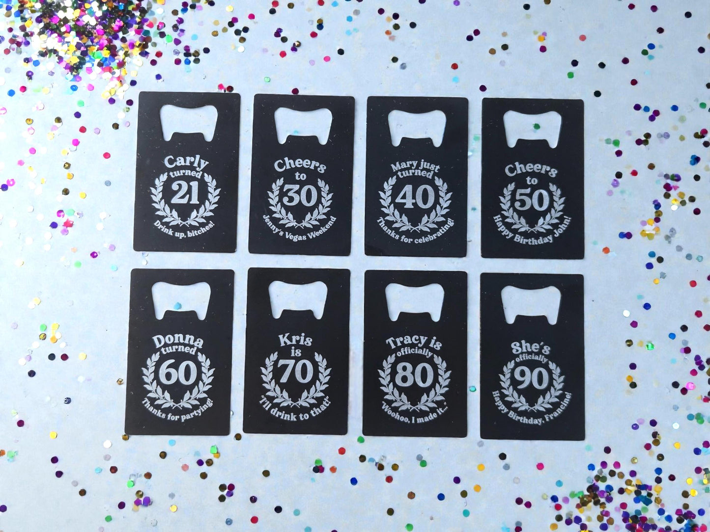 Milestone Birthday Party Favors, Custom Engraved Black Card Bottle Opener, Bulk Party Gift Keepsakes, Personalized Celebratory Gifts