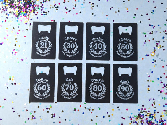 Milestone Birthday Magnet Party Favors, Custom Engraved Magnetic Black Card Bottle Opener, Bulk Party Gift Keepsake, Personalized Gifts