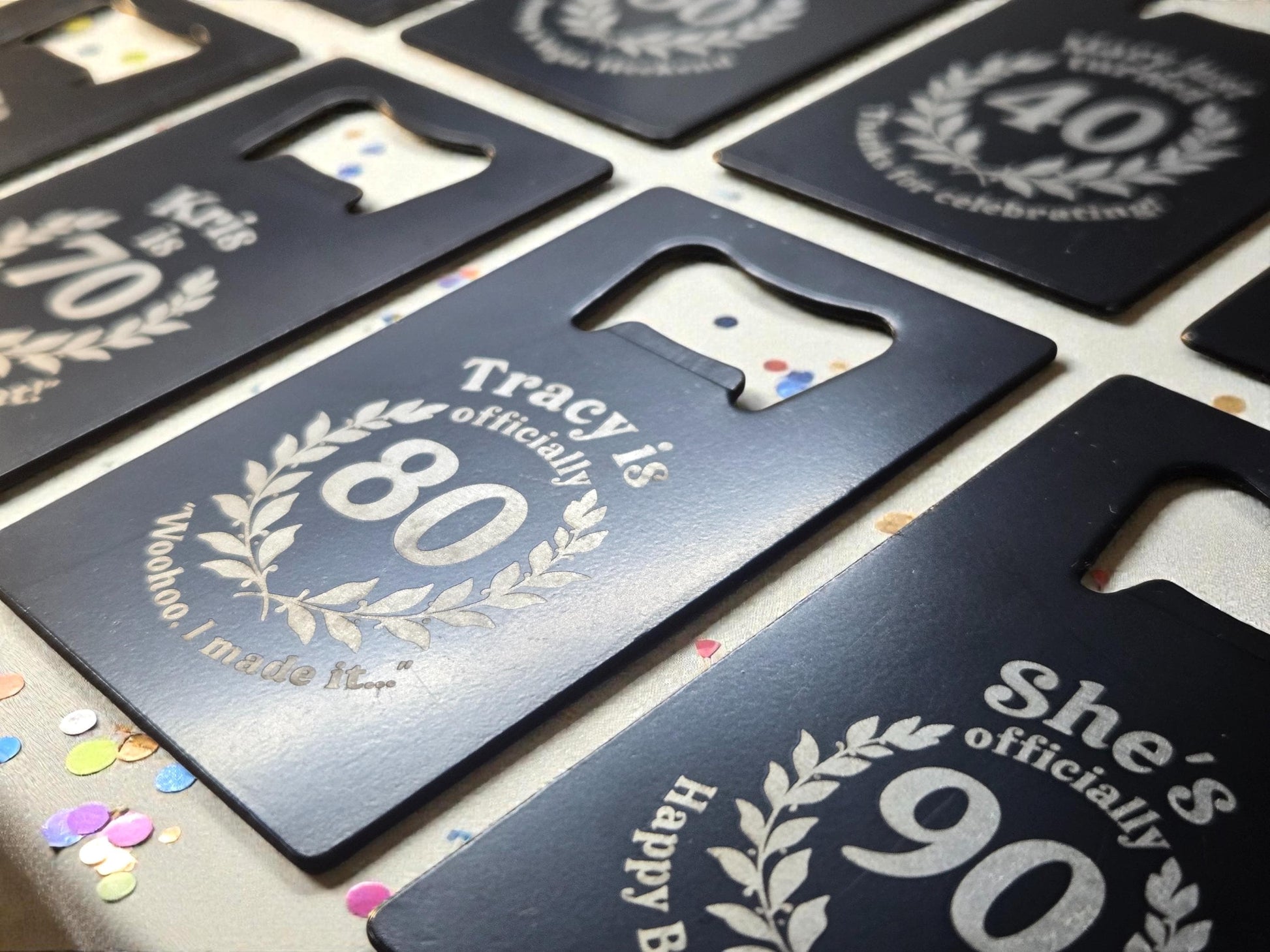 90th Birthday Magnet Party Favors, Custom Engraved Magnetic Black Card Bottle Opener, Bulk Party Gift Keepsake, Personalized Milestone Gifts