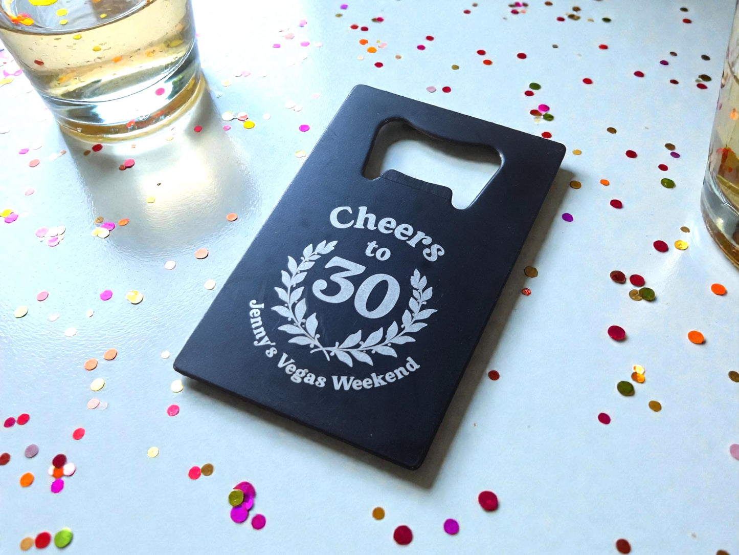 30th Birthday Party Favors, Custom Engraved Black Card Bottle Opener, Bulk Party Gift Keepsakes, Personalized Celebratory Milestone Gifts