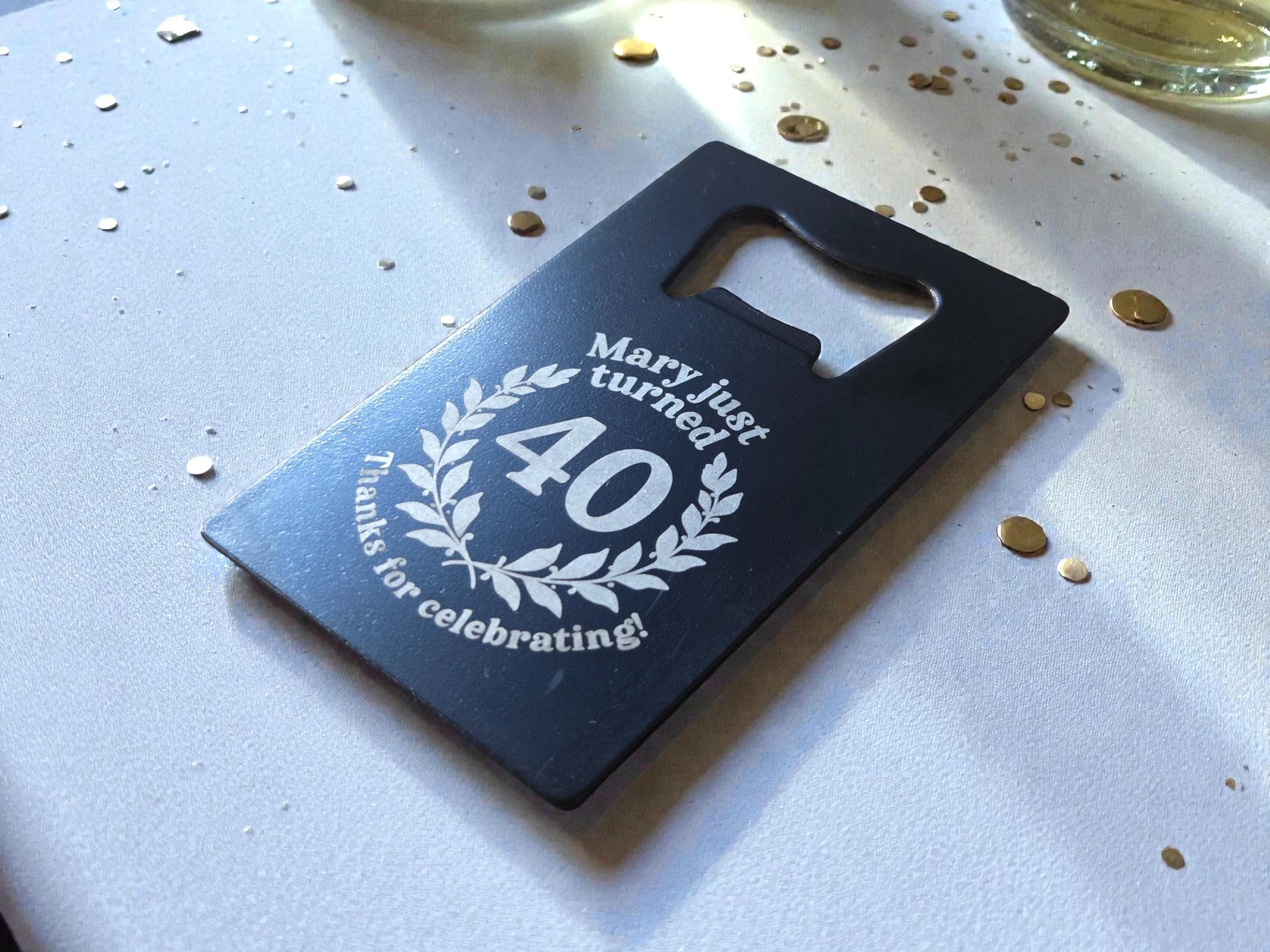 40th Birthday Party Favors, Custom Engraved Black Card Bottle Opener, Bulk Party Gift Keepsakes, Personalized Celebratory Milestone Gifts