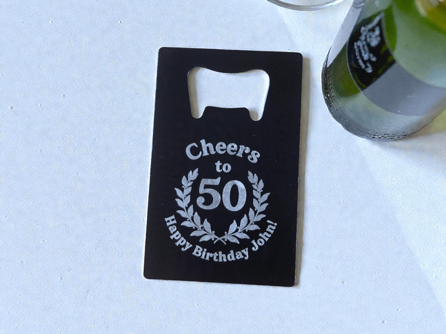 50th Birthday Magnet Party Favors, Custom Engraved Magnetic Black Card Bottle Opener, Bulk Party Gift Keepsake, Personalized Milestone Gifts