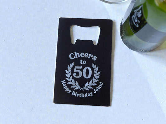 50th Birthday Magnet Party Favors, Custom Engraved Magnetic Black Card Bottle Opener, Bulk Party Gift Keepsake, Personalized Milestone Gifts