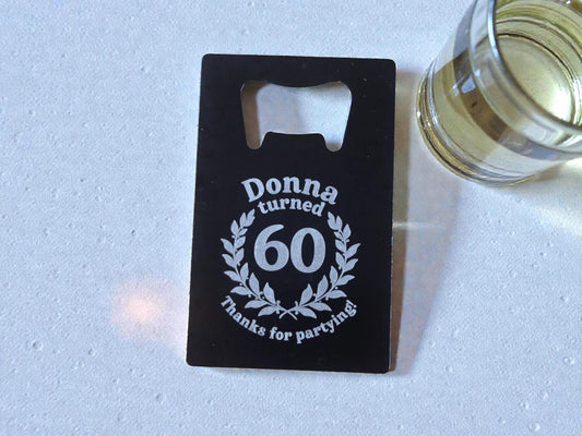 60th Birthday Magnet Party Favors, Custom Engraved Magnetic Black Card Bottle Opener, Bulk Party Gift Keepsake, Personalized Milestone Gifts