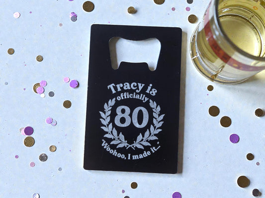 80th Birthday Magnet Party Favors, Custom Engraved Magnetic Black Card Bottle Opener, Bulk Party Gift Keepsake, Personalized Milestone Gifts