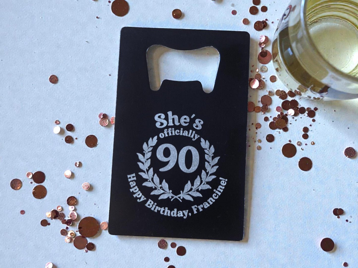 90th Birthday Magnet Party Favors, Custom Engraved Magnetic Black Card Bottle Opener, Bulk Party Gift Keepsake, Personalized Milestone Gifts