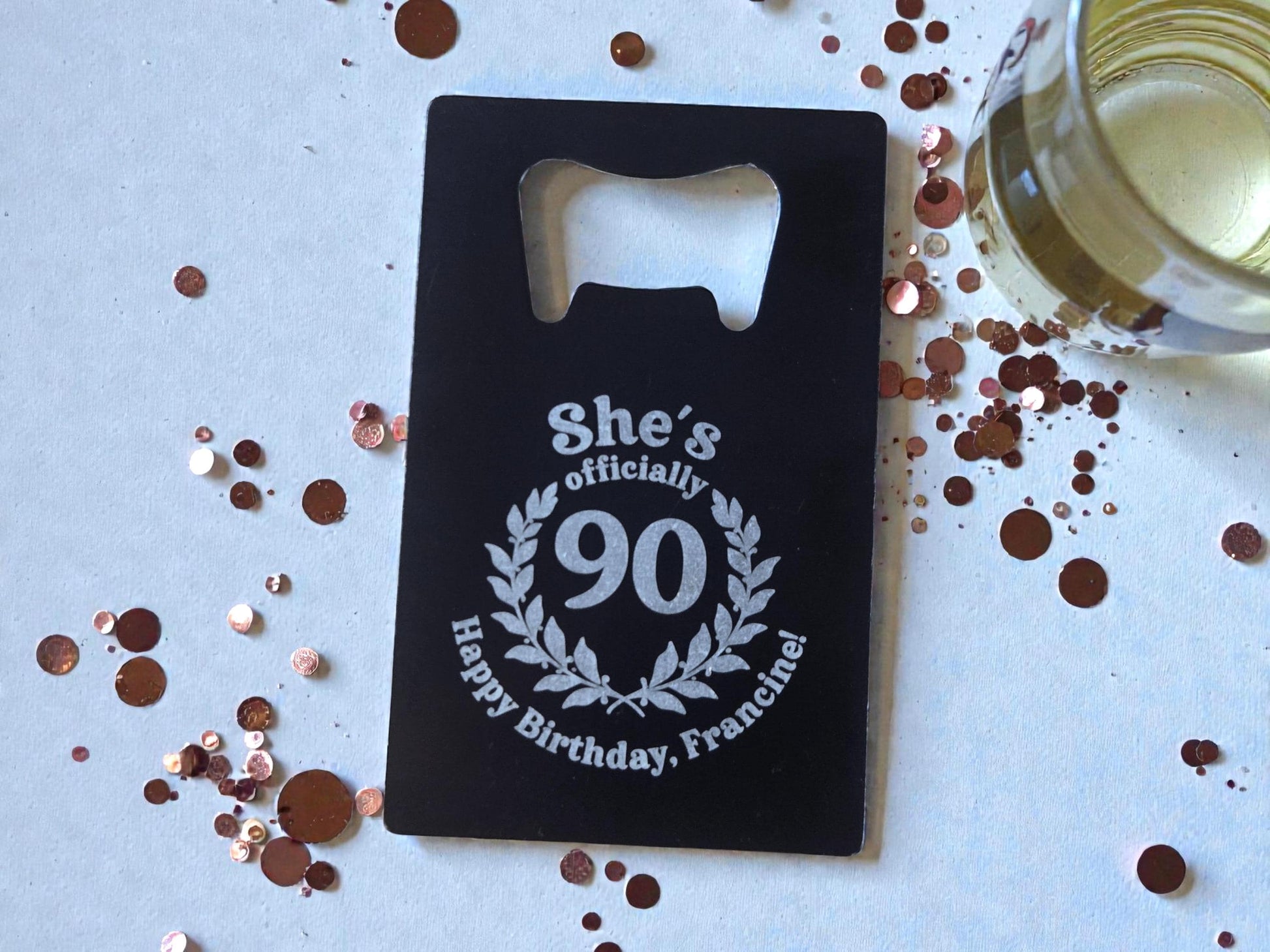 90th Birthday Magnet Party Favors, Custom Engraved Magnetic Black Card Bottle Opener, Bulk Party Gift Keepsake, Personalized Milestone Gifts