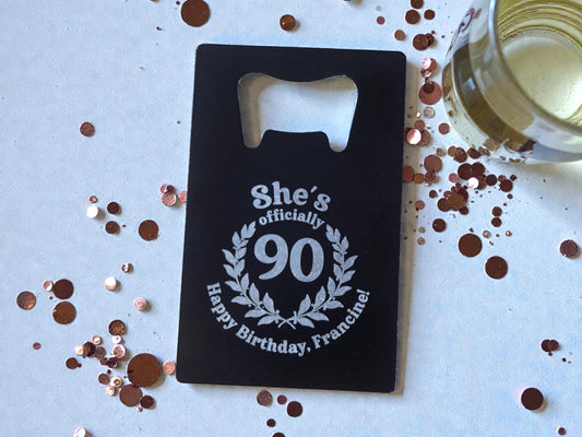 90th Birthday Magnet Party Favors, Custom Engraved Magnetic Black Card Bottle Opener, Bulk Party Gift Keepsake, Personalized Milestone Gifts
