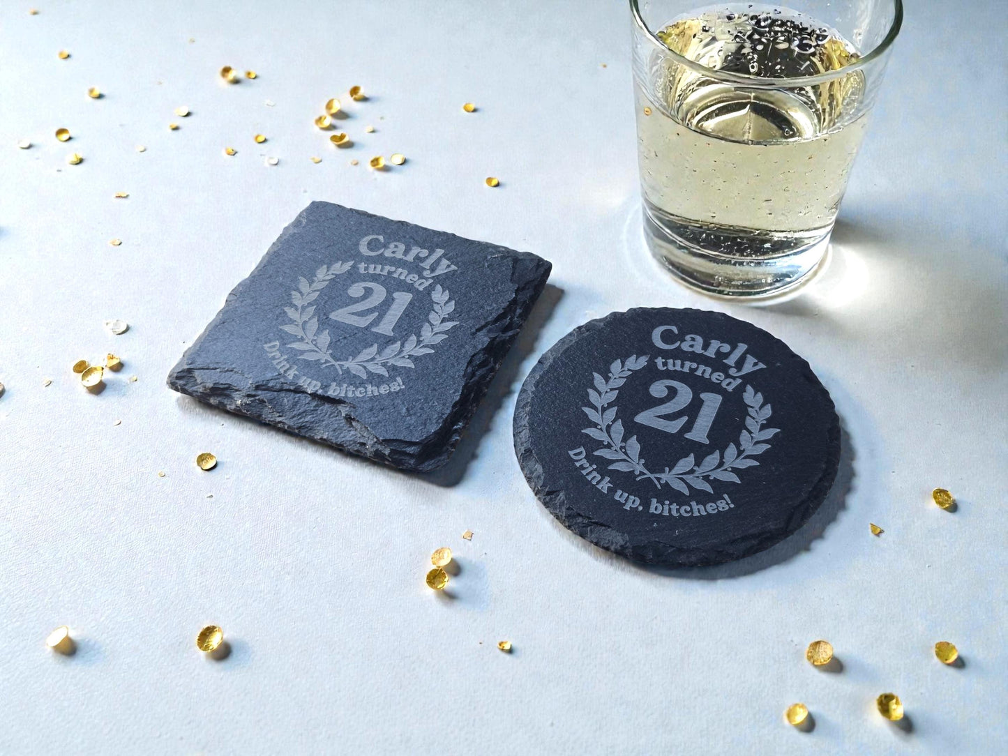 21st Birthday Party Favors, Custom Engraved Slate Coaster, Round Or Square, Bulk Celebratory Gift, Personalized Birth Day Party Gifts