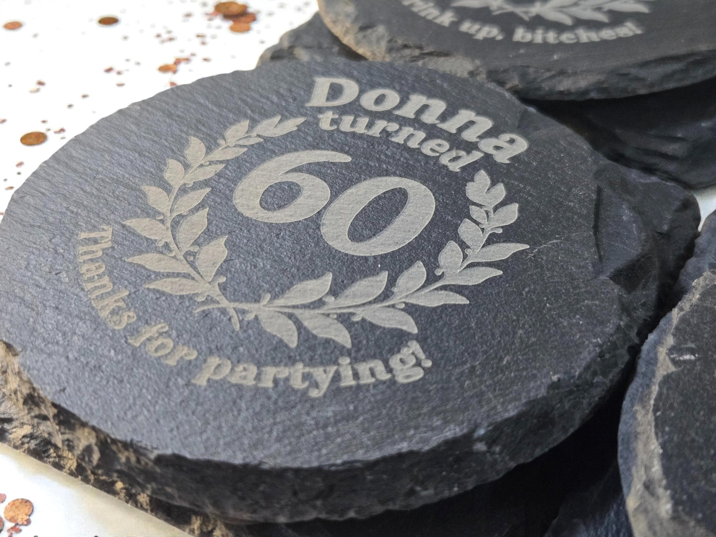 60th Birthday Party Favors, Custom Engraved Slate Coaster, Round Or Square, Bulk Celebratory Gift, Personalized Birth Day Party Gifts
