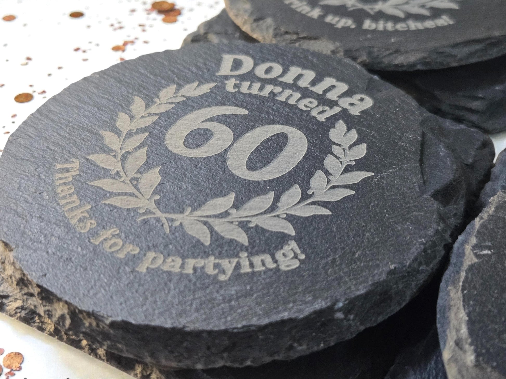 60th Birthday Party Favors, Custom Engraved Slate Coaster, Round Or Square, Bulk Celebratory Gift, Personalized Birth Day Party Gifts