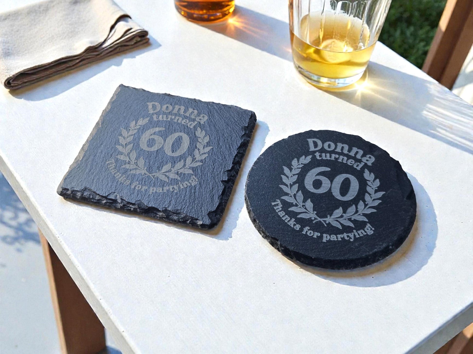 60th Birthday Party Favors, Custom Engraved Slate Coaster, Round Or Square, Bulk Celebratory Gift, Personalized Birth Day Party Gifts