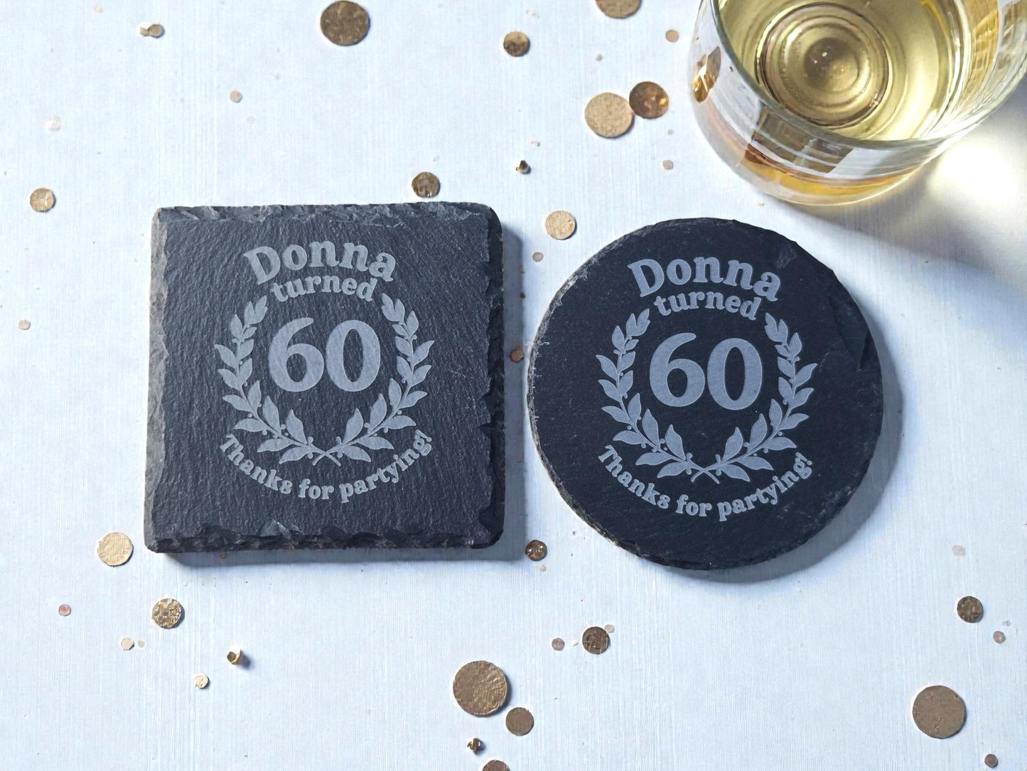 60th Birthday Party Favors, Custom Engraved Slate Coaster, Round Or Square, Bulk Celebratory Gift, Personalized Birth Day Party Gifts