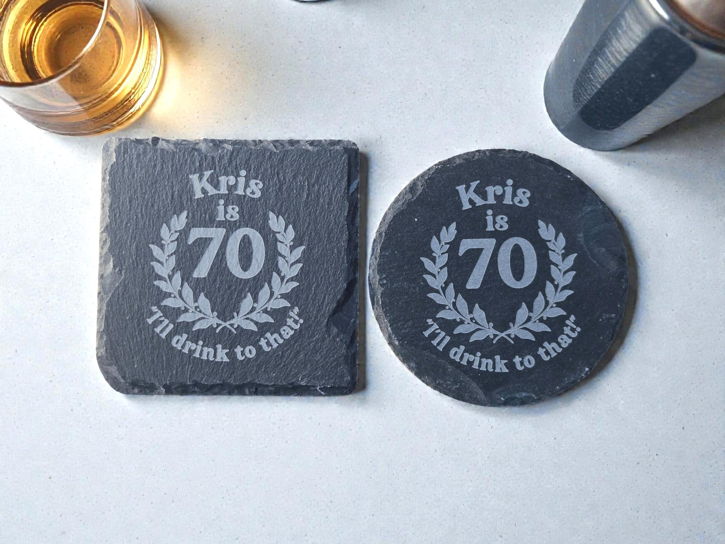 70th Birthday Party Favors, Custom Engraved Slate Coaster, Round Or Square, Bulk Celebratory Gift, Personalized Birth Day Party Gifts