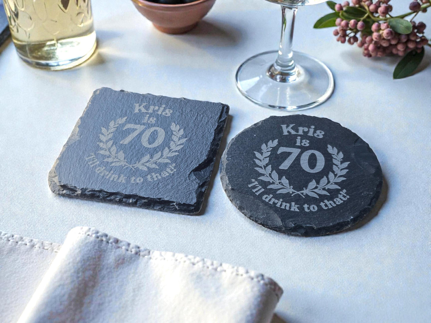 70th Birthday Party Favors, Custom Engraved Slate Coaster, Round Or Square, Bulk Celebratory Gift, Personalized Birth Day Party Gifts
