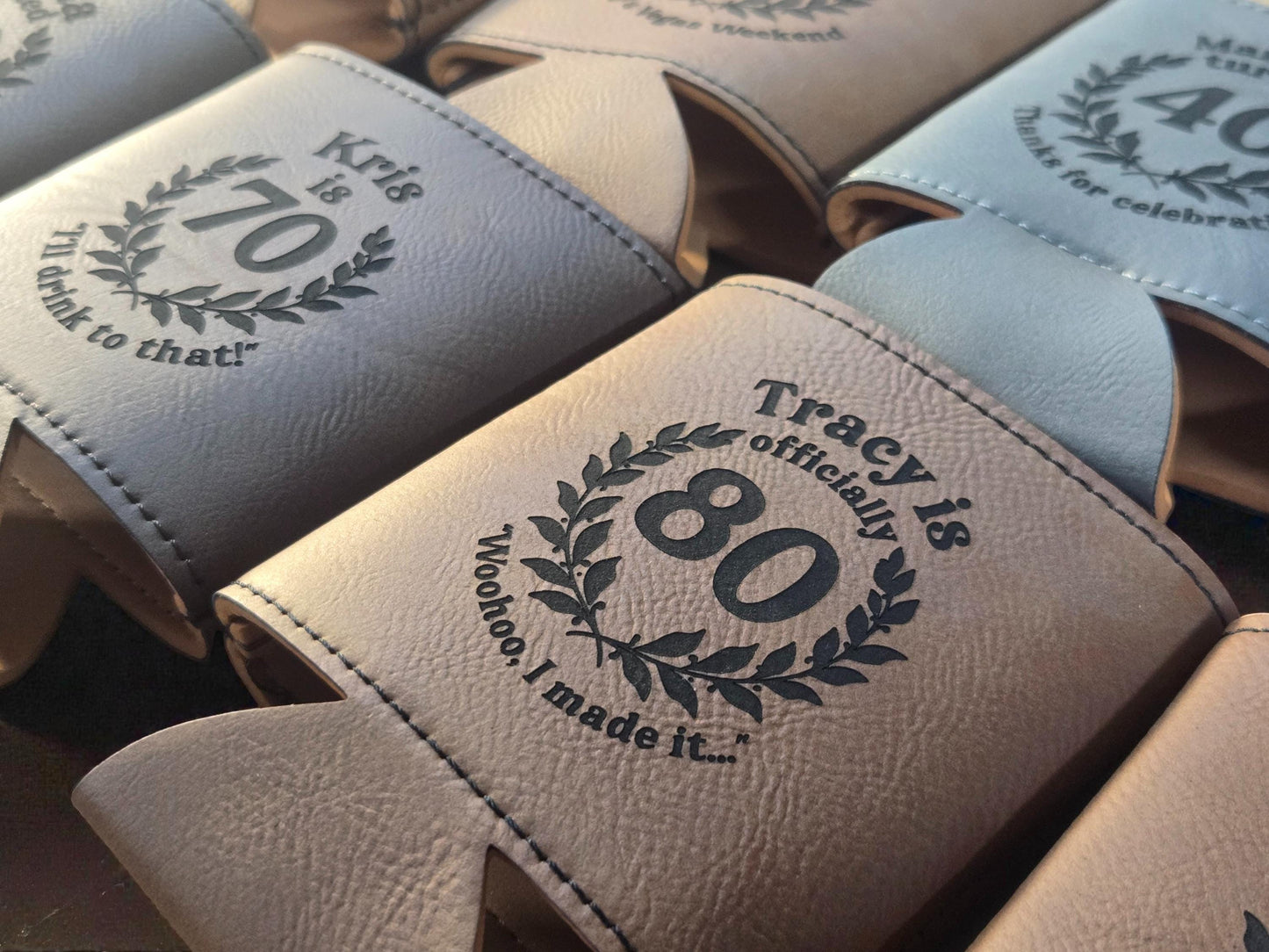 90th Birthday Party Favors, Custom Engraved Leatherette Can Holder, Bulk Party Favor Gift, Silver/Gold/Brown/Gray/Rawhide