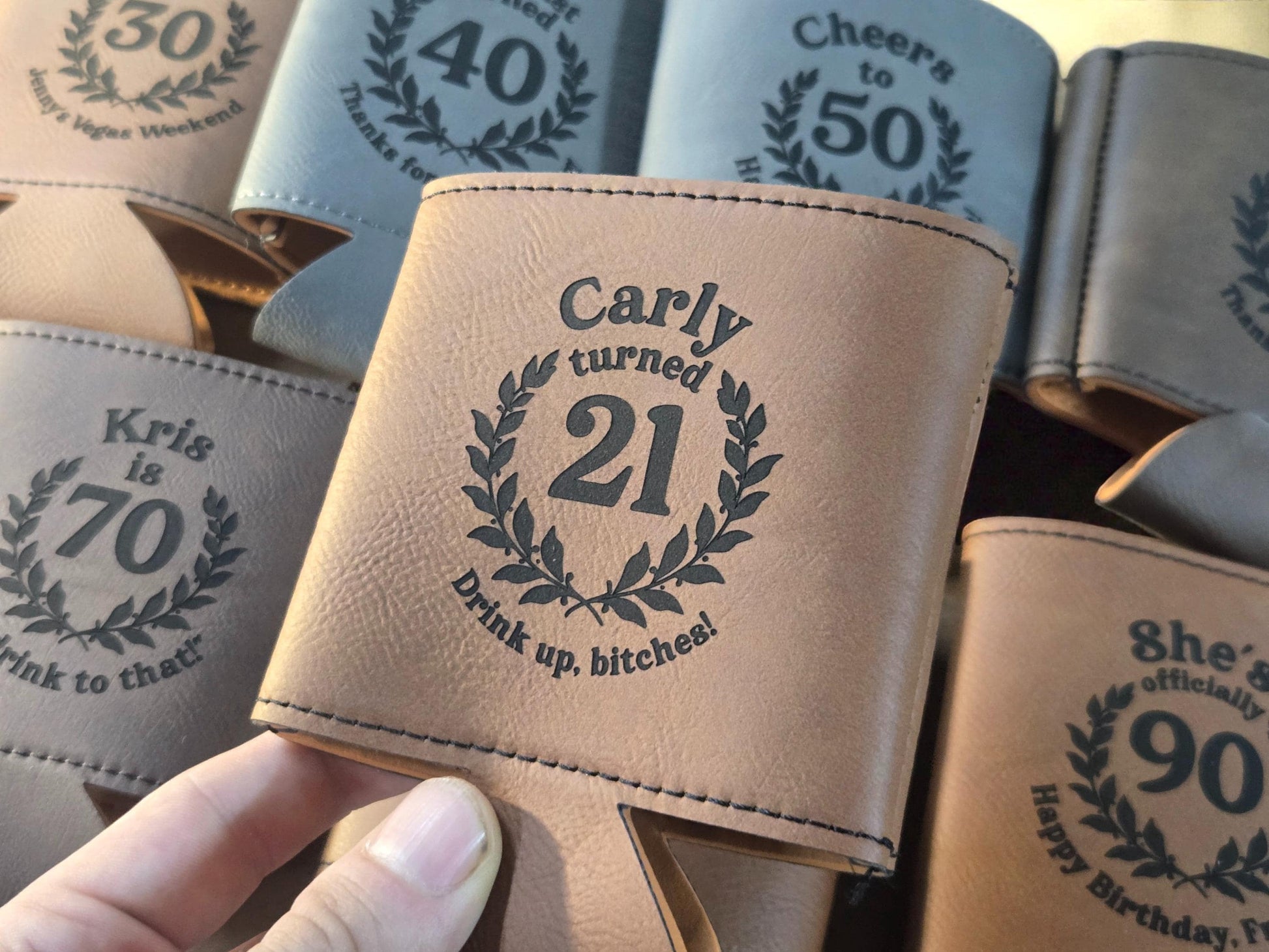 21st Birthday Party Favors, Custom Engraved Leatherette Can Holder, Bulk Party Favor Gift, Silver/Gold/Rawhide/Brown/Gray