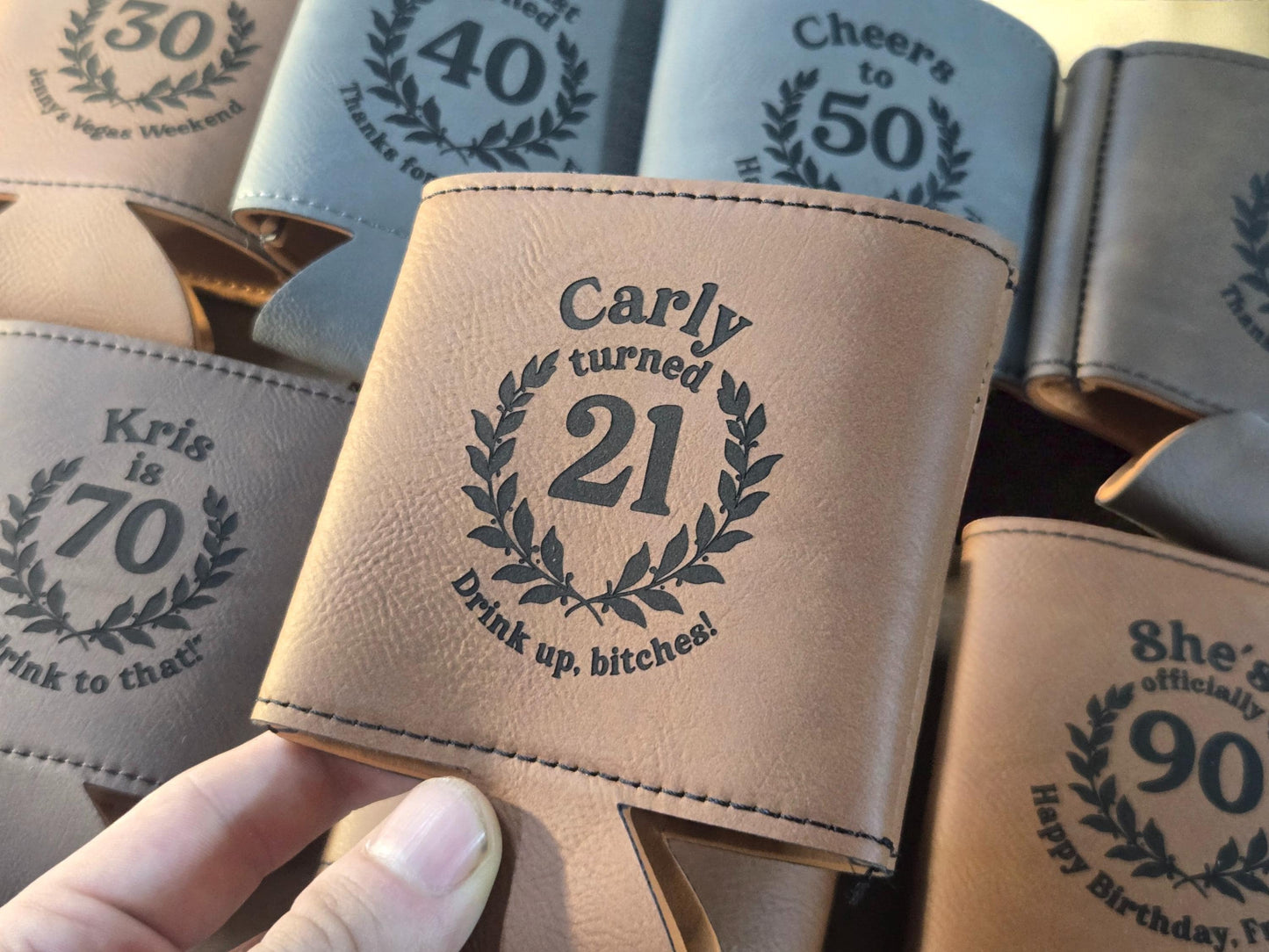 21st Birthday Party Favors, Custom Engraved Leatherette Can Holder, Bulk Party Favor Gift, Personalized Celebratory Gifts