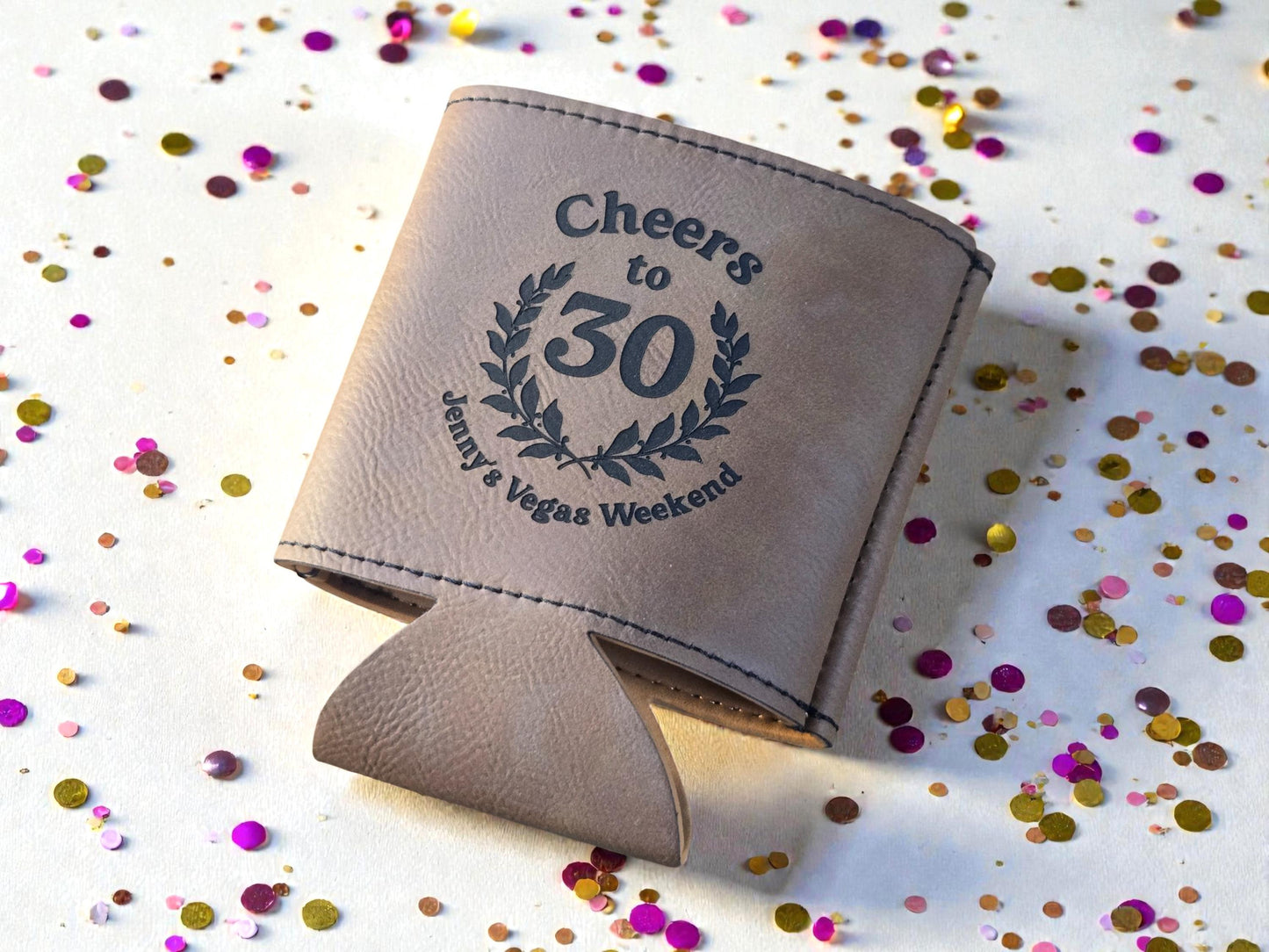 30th Birthday Party Favors, Custom Engraved Leatherette Can Holder, Bulk Party Favor Gift, Gold/Silver/Brown/Rawhide/Gray