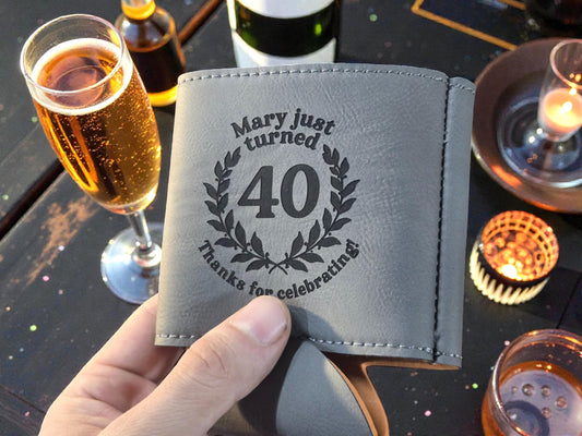 40th Birthday Party Favors, Custom Engraved Leatherette Can Holder, Bulk Party Favor Gift, Personalized Celebratory Gifts