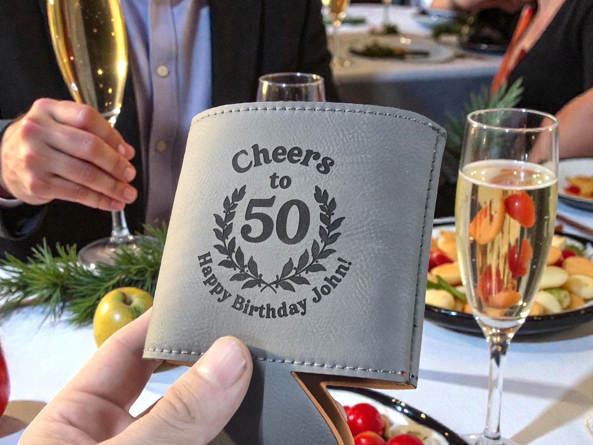 50th Birthday Party Favors, Custom Engraved Leatherette Can Holder, Bulk Party Favor Gift, Gold/Silver/Gray/Brown/Rawhide
