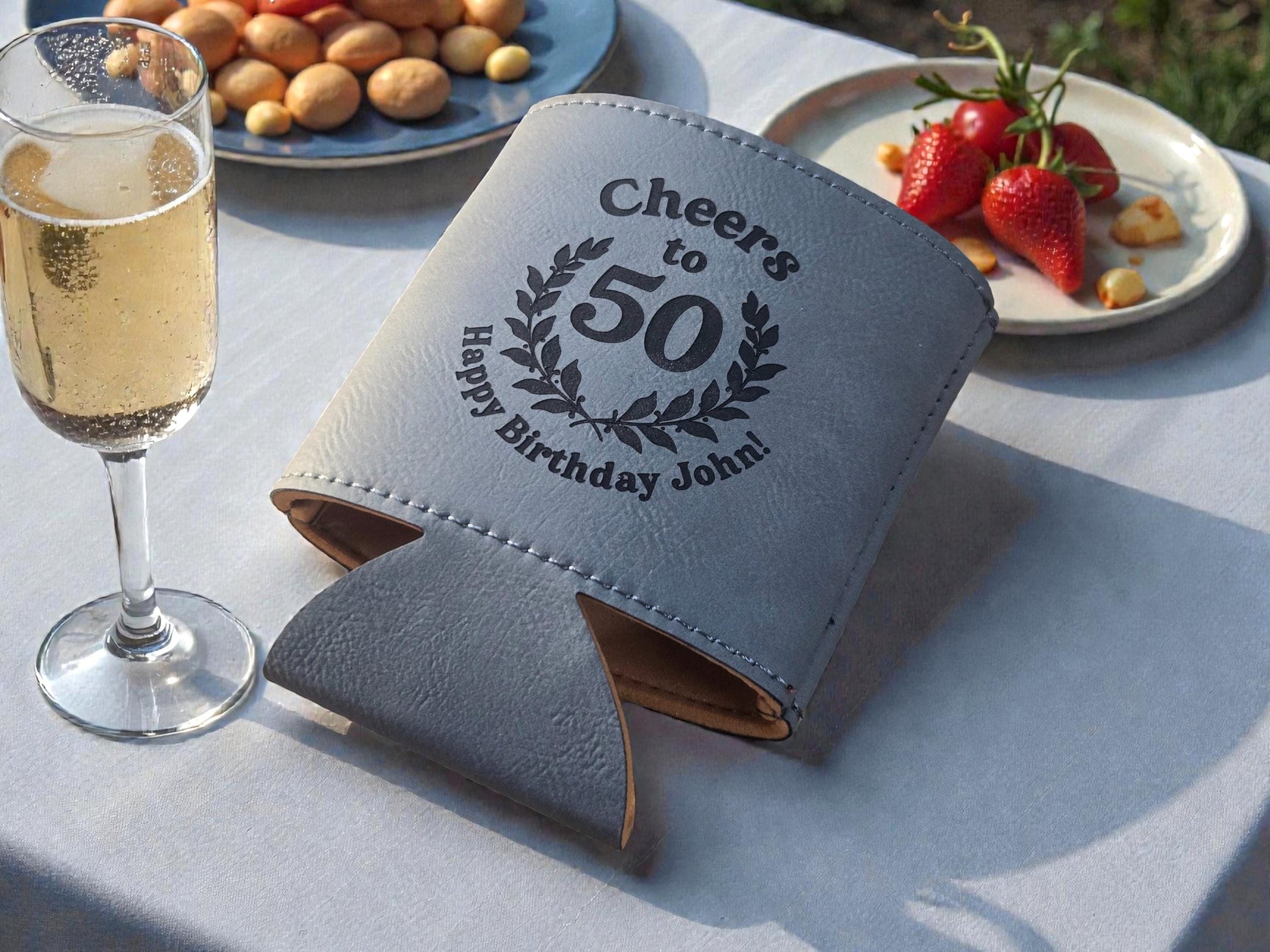 50th Birthday Party Favors, Custom Engraved Leatherette Can Holder, Bulk Party Favor Gift, Gold/Silver/Gray/Brown/Rawhide