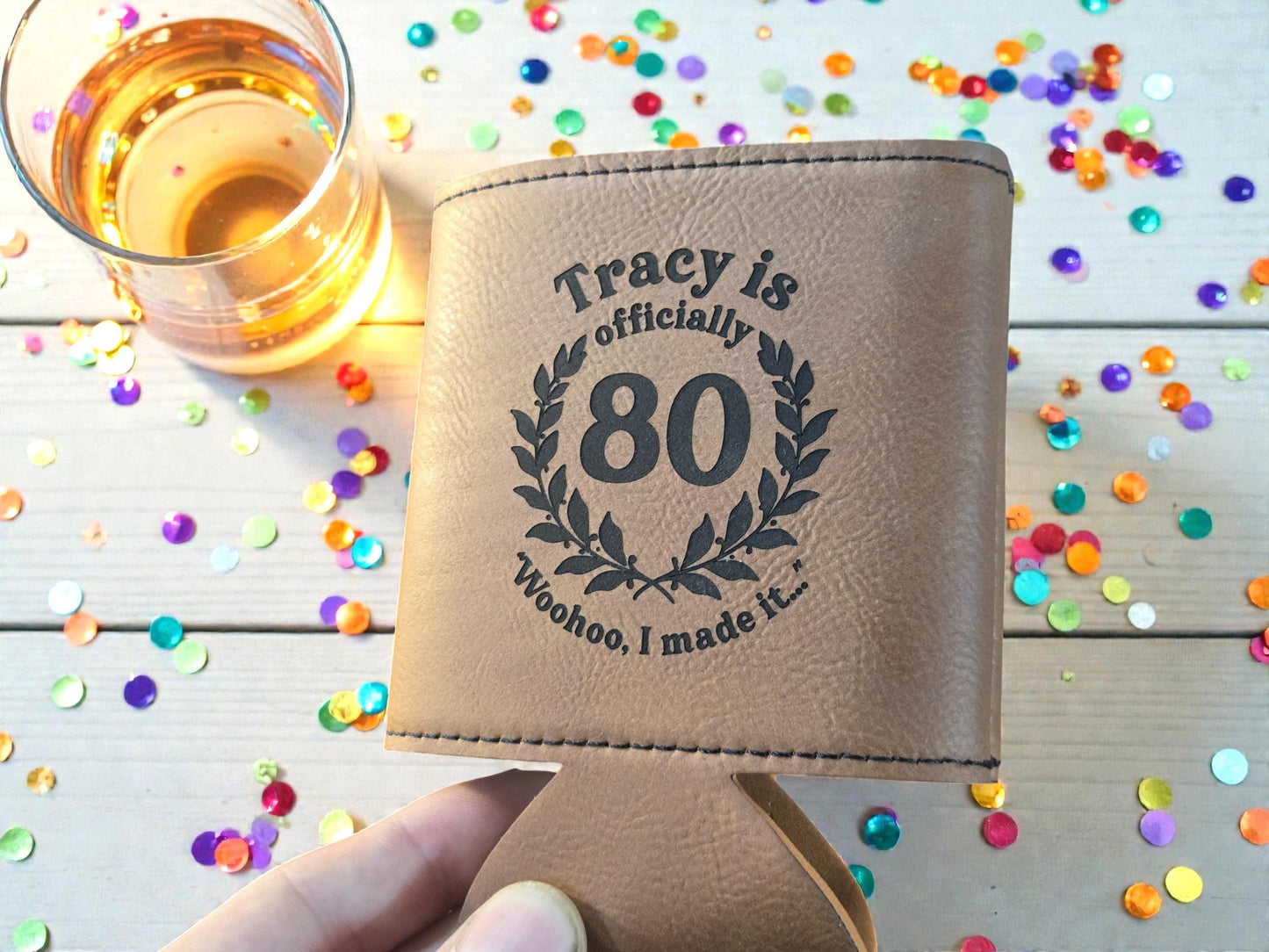 80th Birthday Party Favors, Custom Engraved Leatherette Can Holder, Bulk Party Favor Gift, Personalized Celebratory Gifts