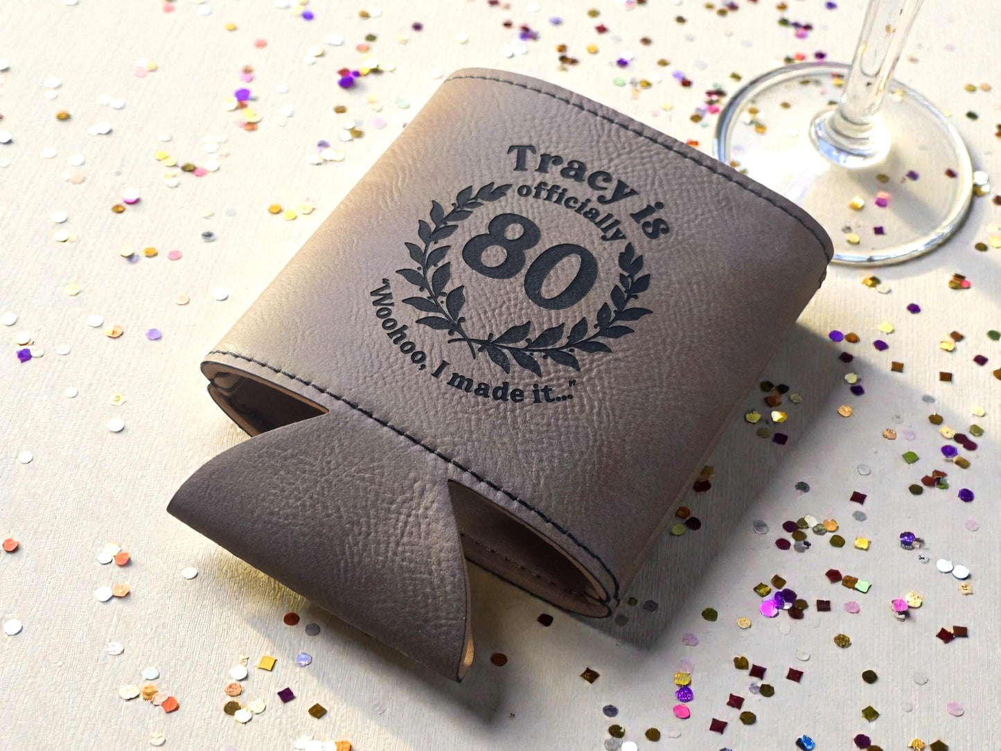 80th Birthday Party Favors, Custom Engraved Leatherette Can Holder, Bulk Party Favor Gift, Gold/Silver/Rawhide/Brown/Gray